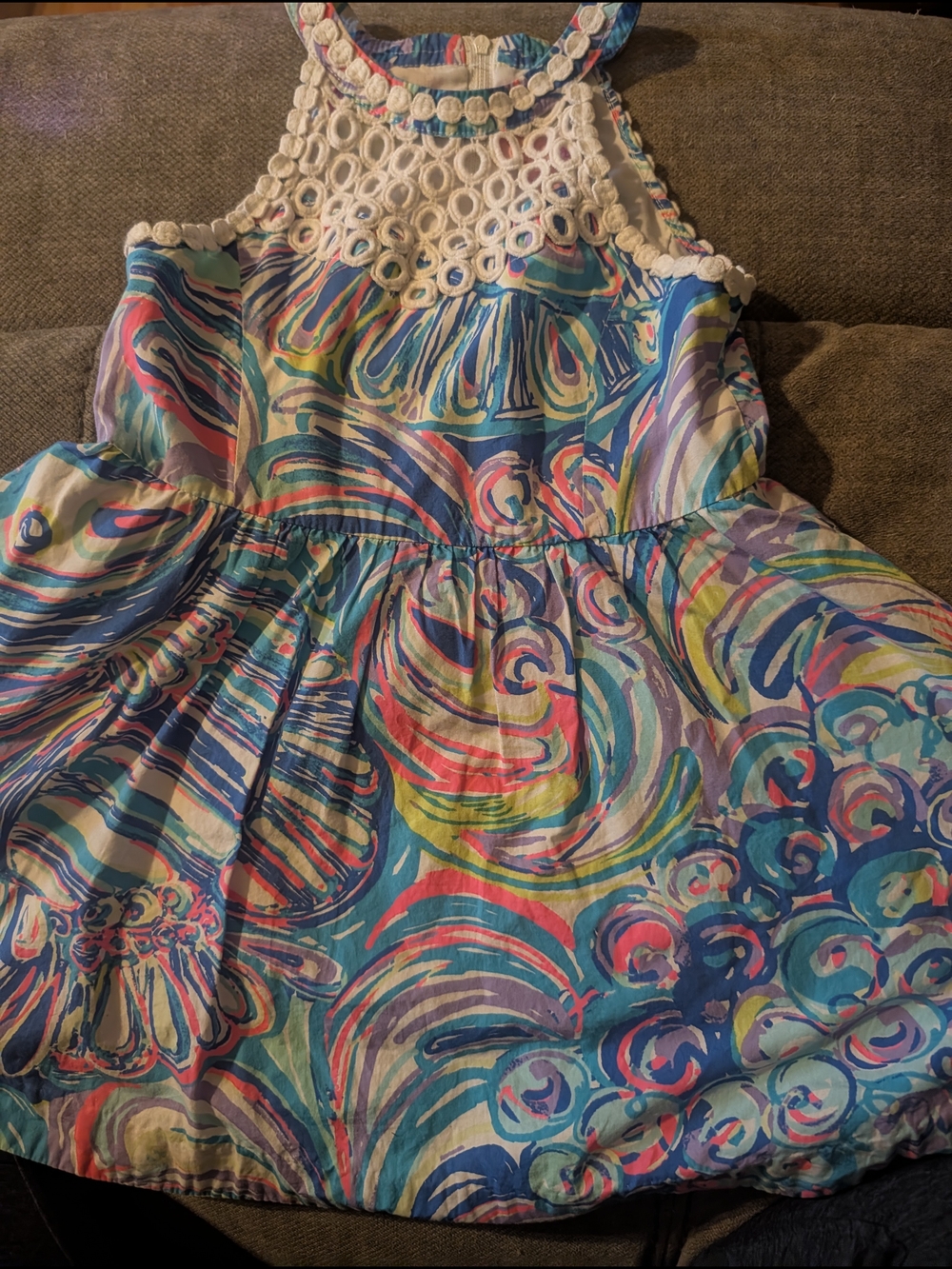 Lilly Pulitzer Girls' Multicolor Swirl Dress with Cream Crochet Yoke